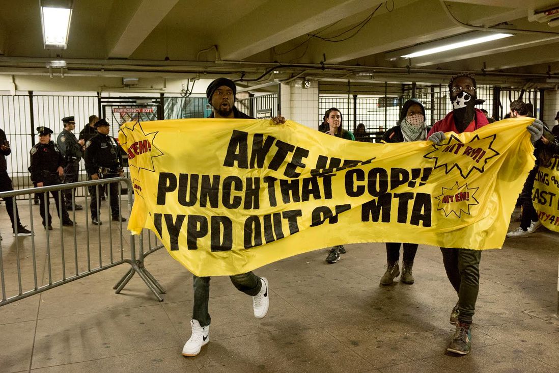 Protesters inside the station